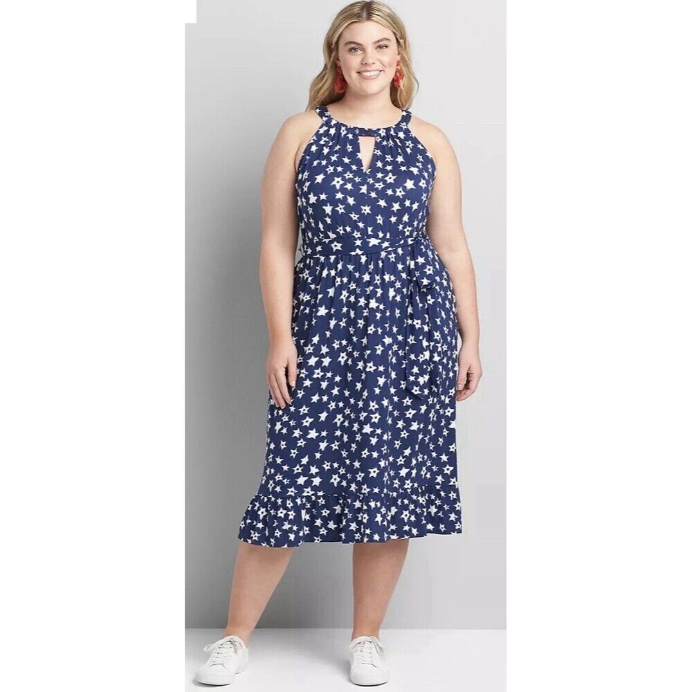 LANE BRYANT Navy Star Print Fit & Flare Dress 26/28 Halter Tie Waist Ruffle Hem